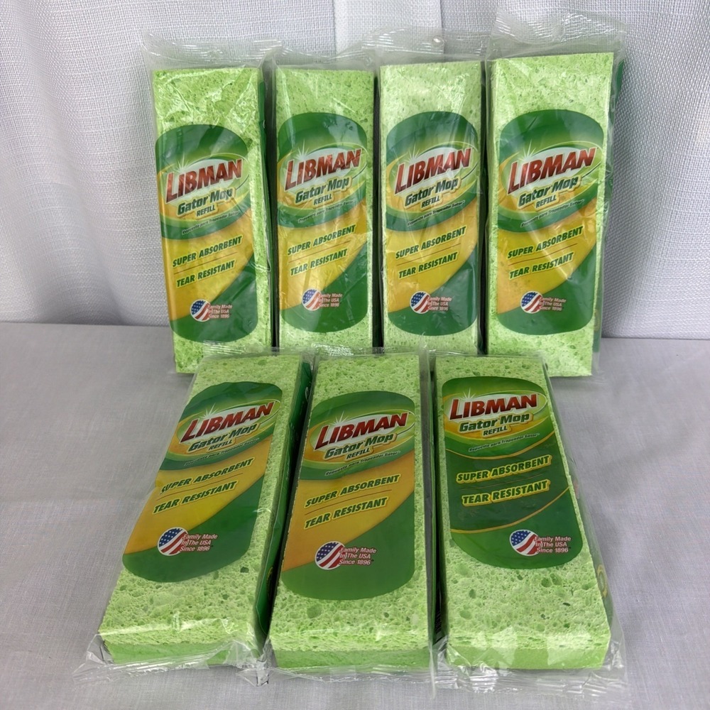 7 Libman Gator Mop Refill Heads Green Tear Resistant Sponge 9in Made In USA 3021